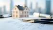© Thanarat - A house model sits on paperwork next to two pens, symbolizing real estate transactions and legal agreements.