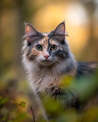 Sticker - Calico Maine Coon cat in autumn forest.