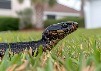 Wall Mural - Close-up of a black snake with yellow markings in green grass.