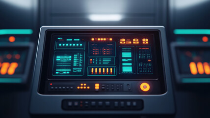 Futuristic control panel with glowing interface in dark room