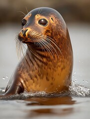 Poster - Close-up of a harbor seal emerging from water, displaying its dark eyes and unique coat pattern.