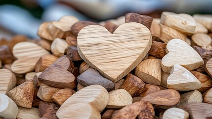 Wall Mural - Close-up of a large wooden heart resting on a pile of smaller wooden hearts.