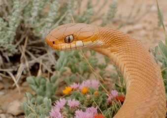 Wall Mural - Close-up of a light orange snake with flowers.