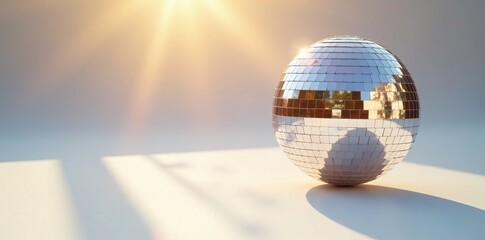 Wall Mural - Dazzling disco ball spins in sunlight on a pristine white surface, reflective, light