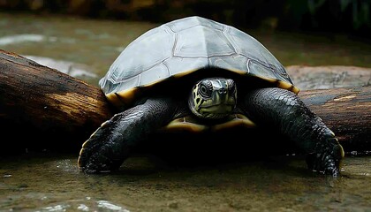 Wall Mural - Close-up of a turtle on wood in water.