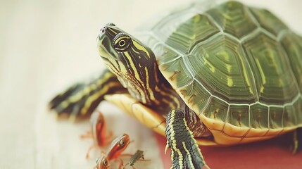 Poster - Close-up of a turtle with small frogs.