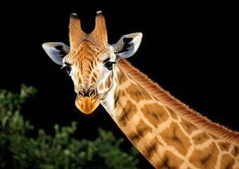 Poster - Close-up portrait of a giraffe against a black background.