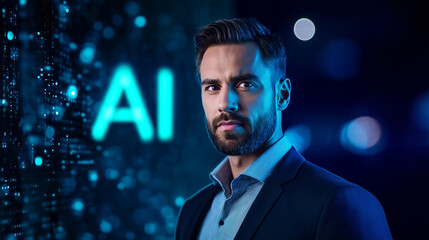 Businessman representing artificial intelligence in futuristic technological environment