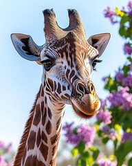 Wall Mural - Close-up portrait of a giraffe's head and neck against a lilac bush.