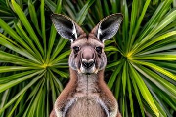 Wall Mural - Close-up portrait of a kangaroo standing amidst lush green tropical foliage.