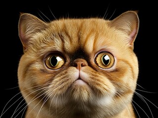 Poster - Close-up portrait of a red exotic shorthair cat against a black background.