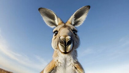 Poster - Close-up portrait of a red kangaroo against a clear blue sky.