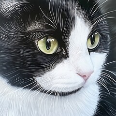 Wall Mural - Close-up portrait of a tuxedo cat with striking green eyes.