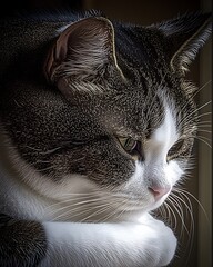 Poster - Close-up portrait of a tabby cat resting by a window.