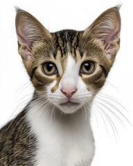 Wall Mural - Close-up portrait of a young tabby cat with white chest, looking directly at the camera against a white background.