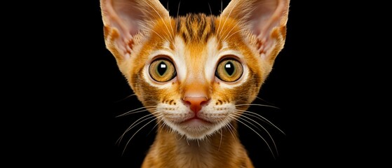 Poster - Close-up portrait of an adorable ginger kitten with big eyes against a black background.