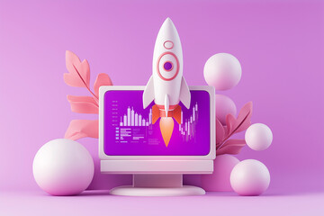 Poster - Rocket launching from computer screen showing positive financial charts and statistics
