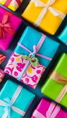 Wall Mural - Colorful gift boxes with ribbons and bows, top view.