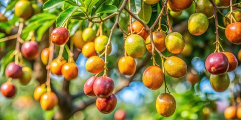 Wall Mural - Crescentia Cujete tree fruits hanging from branches , tropical, exotic, gourd, green, organic, natural, round, hanging