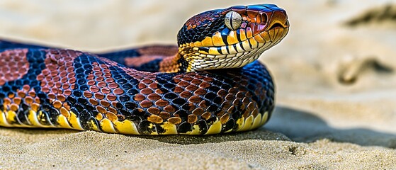 Wall Mural - Colorful snake coiled on sandy beach.