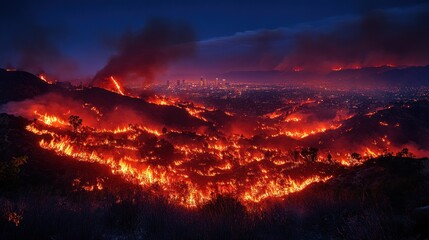 Wall Mural - Nighttime wildfire raging near city.