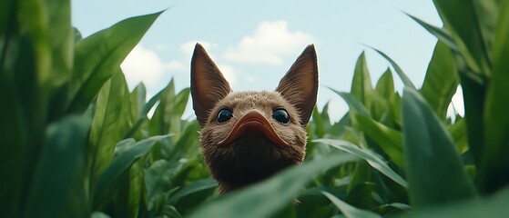 Poster - Curious creature with a duck bill peeking from tall green plants under a bright sky.