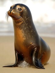 Wall Mural - Cute seal pup on sandy beach near ocean waves.