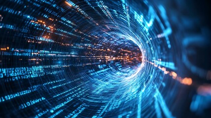 Digital data tunnel with glowing numerical code and a perspective view of the flow