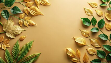 Wall Mural - Golden and green leaves on a beige background, nature, foliage, autumn, bright, vibrant, botanical, seasonal, colorful