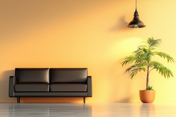 Wall Mural - Modern Interior Design with Black Couch, Green Plant, Warm Orange Wall and Contemporary Light Fixture