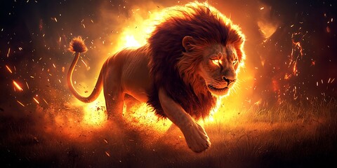 Poster - Fiery lion walking through flames.