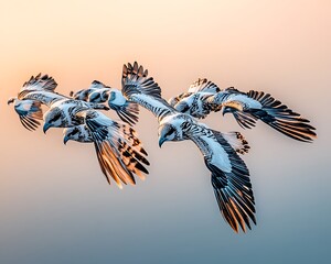 Wall Mural - Five birds in flight, sunset background.