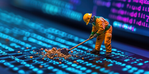 miniature developer cleaning digital data on glowing computer screen