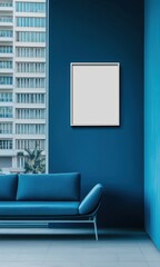 Wall Mural - Blank photo frame mockup mounting on blue wall with blue sofa, Blank canvas frame in blue living room with couch