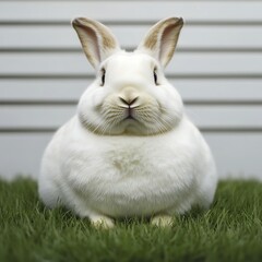 Poster - Fluffy white rabbit sitting on green grass against a white fence.