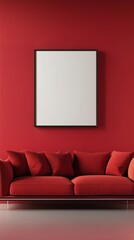 Wall Mural - Blank photo frame mockup mounting on red wall with red sofa	in red room