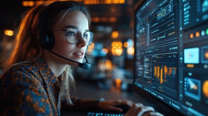 Woman with headset monitoring data on computer screen.