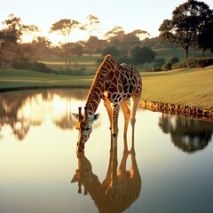 Wall Mural - Giraffe drinking water from pond at sunset, reflected in calm water.