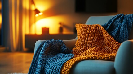 Canvas Print - Cozy armchair with knitted throw blankets in a dimly lit living room.