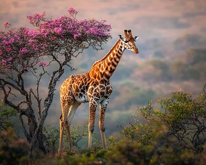 Poster - Giraffe standing near a flowering tree in African savanna at sunset.