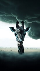 Wall Mural - Giraffe's head emerging from stormy clouds over savanna.