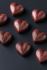 Wall Mural - Glittery heart-shaped chocolates arranged on dark background.