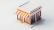 © Arfi Studio - Isometric low-poly model of a small retail store with orange and white striped awning.
