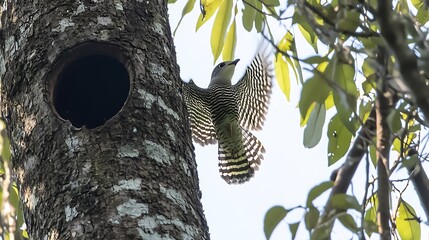 Poster - Green bird taking flight from tree hollow.