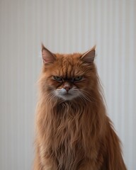 Poster - Grumpy ginger cat with long fur, sitting and staring intensely.