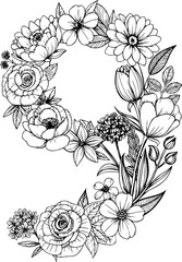 pattern vintage flower design decoration number 9 hand drawn illustration flat line art png