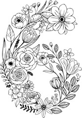 pattern vintage flower design decoration number 6 hand drawn illustration flat line art png