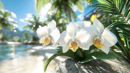 Wall Mural - Tropical orchids on rocks, beach, pool, sunny day