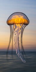 Poster - Illuminated jellyfish in sunset ocean.