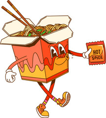 Poster - Groovy Asian noodles box or retro cartoon hippie fast food vector character. Groovy Chinese noodles box with funny face, happy whistling with hot sauce and chopsticks as funky fast food character